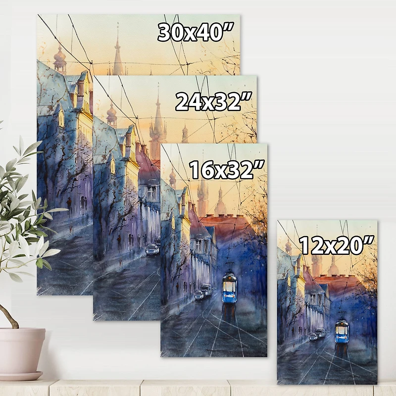 Designart - Blue Tram At Sunset With Church During Sunset