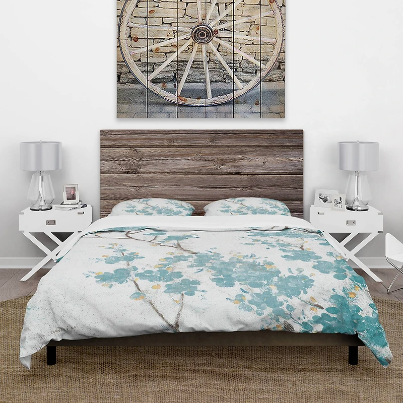 Designart 'Teal Cherry Blossoms II' Farmhouse Bedding Set