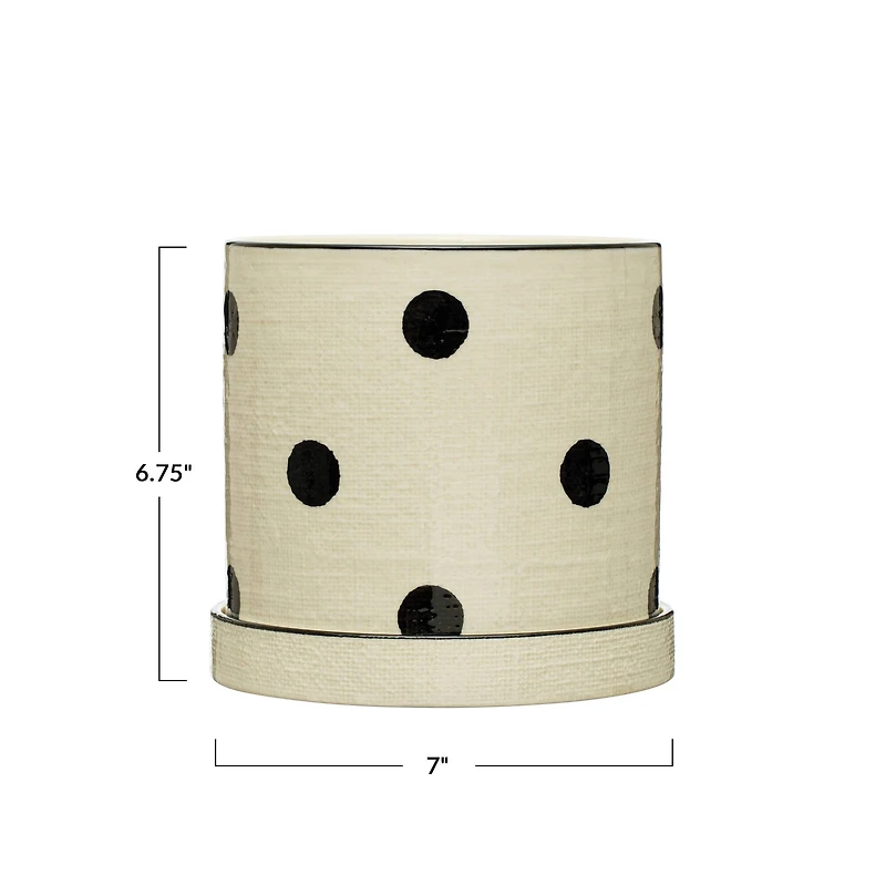 Hello Honey® 7" Black and Ivory Textured Stoneware Planter with Polka Dots and Saucer