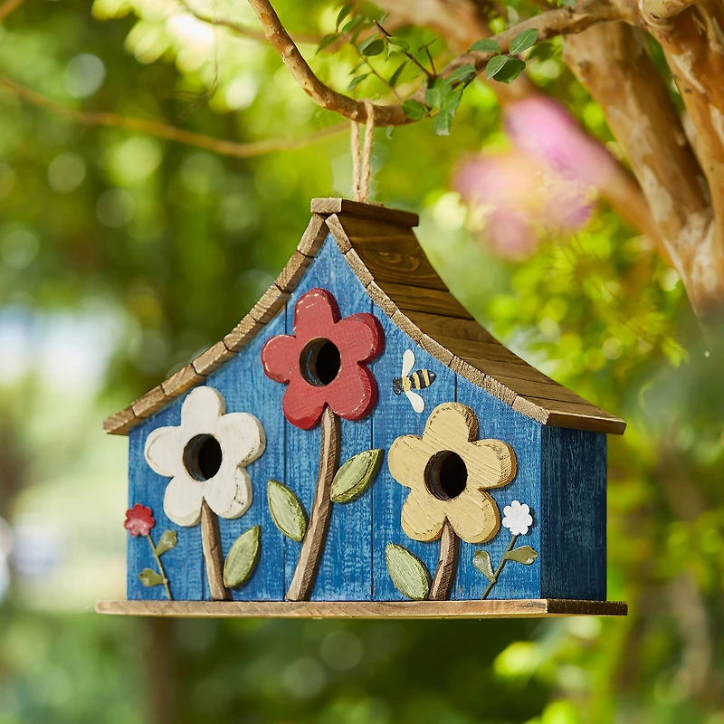 Glitzhome® 15" Blue Distressed Wood Birdhouse with Flowers