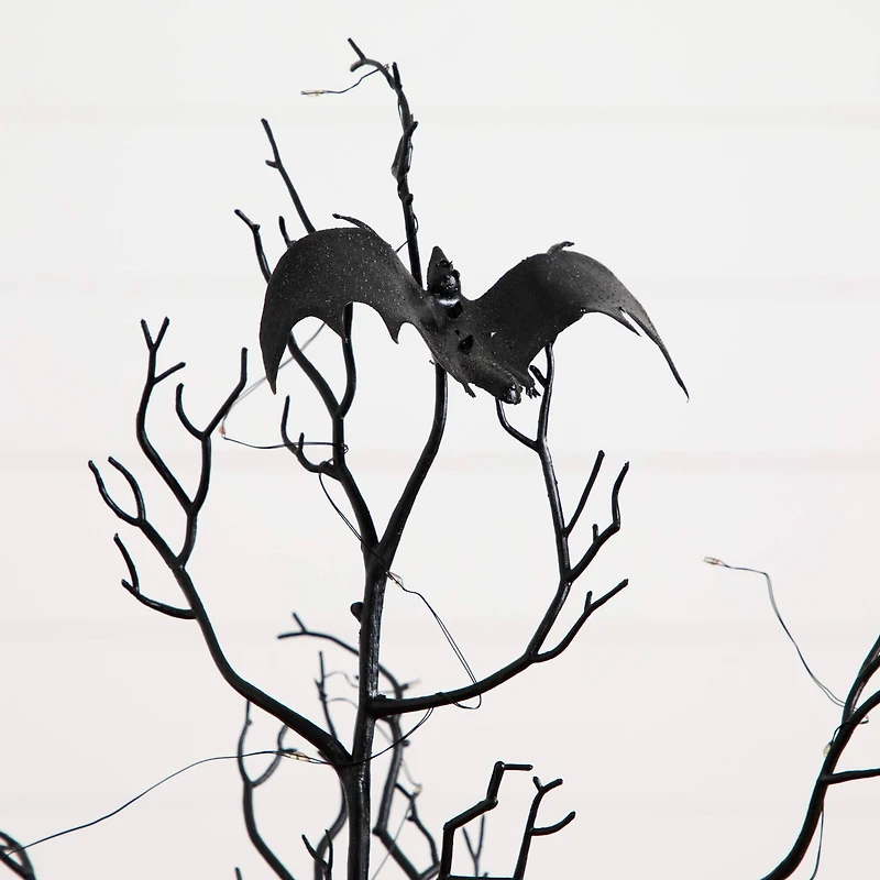 3ft. Pre-Lit Artificial Halloween Black Spooky Twig Tree with Bats and 100 Orange & Purple LED Lights