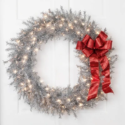 36" Pre-Lit Silver Tinsel Artificial Christmas Wreath