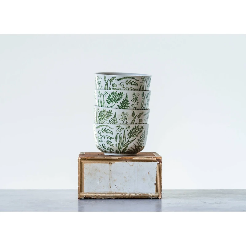 Hello Honey® White Hand Stamped & Embossed Green Pattern Stoneware Bowl Set