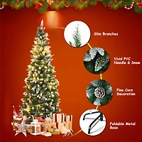 Costway 7.5ft. Snow Flocked Pencil Hinged Christmas Tree with Pinecones