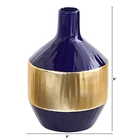 9" Lux Blue Ceramic Vase with Gold Band