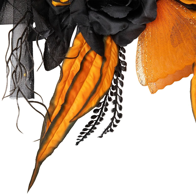 14" Skull with Black & Orange Roses Halloween Wreath