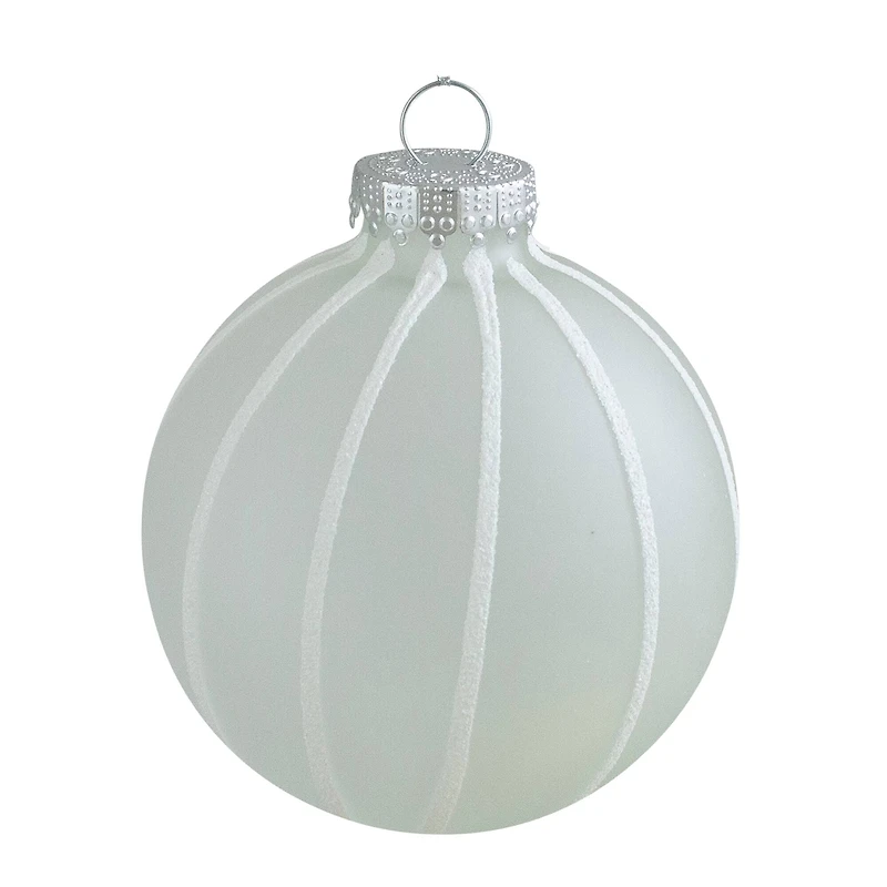 4ct. 3.5" Frosted Glitter White Striped Glass Ball Ornaments