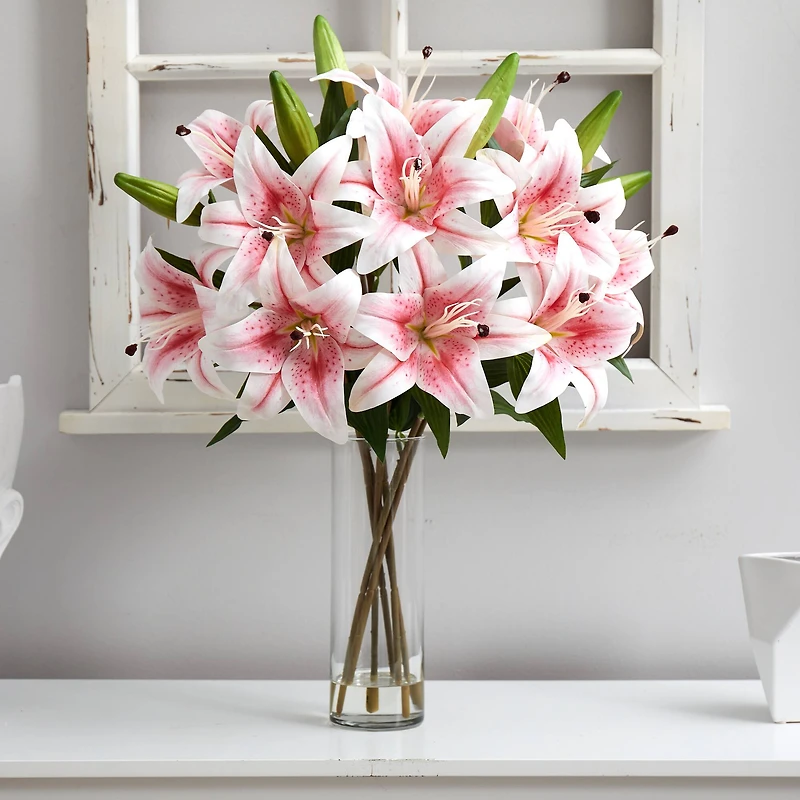 25" Artificial Pink Lily Arrangement with Cylinder Glass Vase