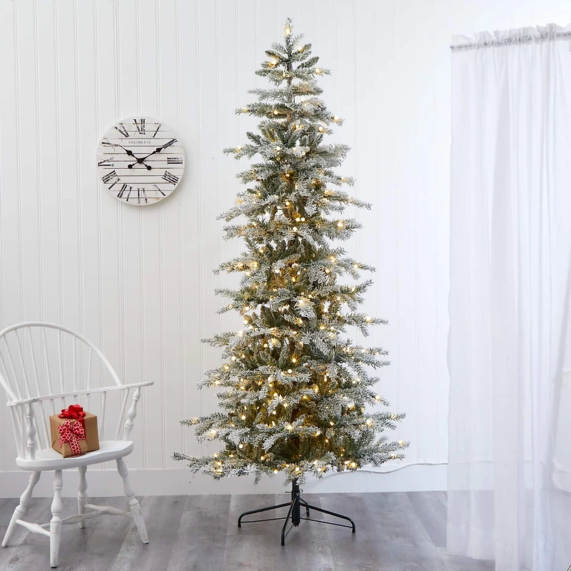 7.5ft. Pre-Lit Slim Flocked Nova Scotia Spruce Artificial Christmas Tree with Warm White LED Lights