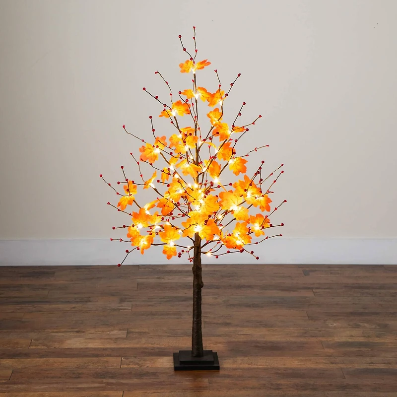 4ft. Pre-Lit Autumn Maple Artificial Fall Tree with Berries and 60 Warm White LED Lights