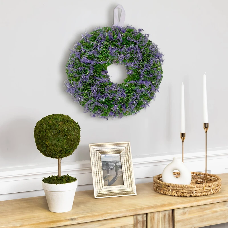14.5" Purple Reindeer Moss & Green Twig Spring Wreath