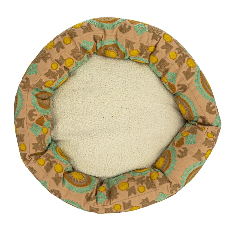 Hello Honey® 24" Taupe, Green & Mint Round Floral Cotton & Sherpa Pet Bed