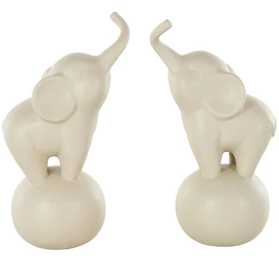 10.5" White Ceramic Elephant Trumpeting Decorative Sculpture with Round Base Set