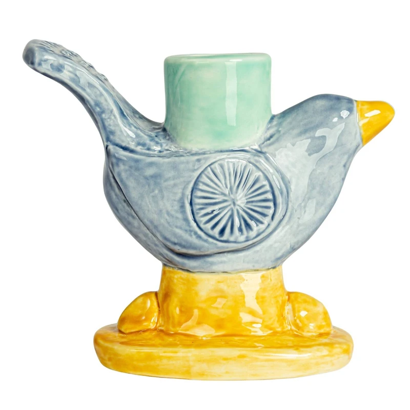 Hello Honey® 6" Yellow & Blue Chirpy Elegance Stoneware Taper Candle Holder