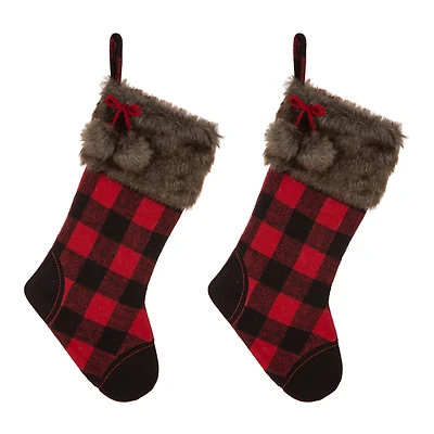 Glitzhome® 21" Black & Red Buffalo Plaid Pompom Stockings, 2ct.