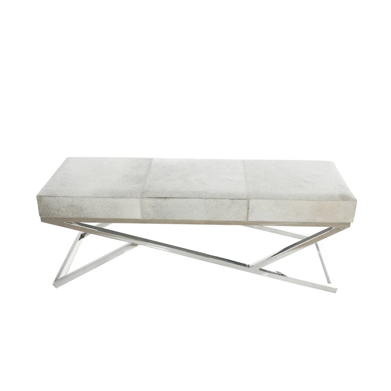 Light Gray Leather Geometric Bench with Angled Silver Metal Base