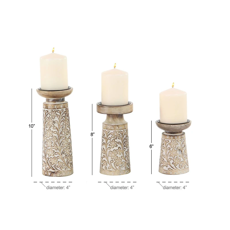 Brown & White Mango Wood Floral Candle Holder Set