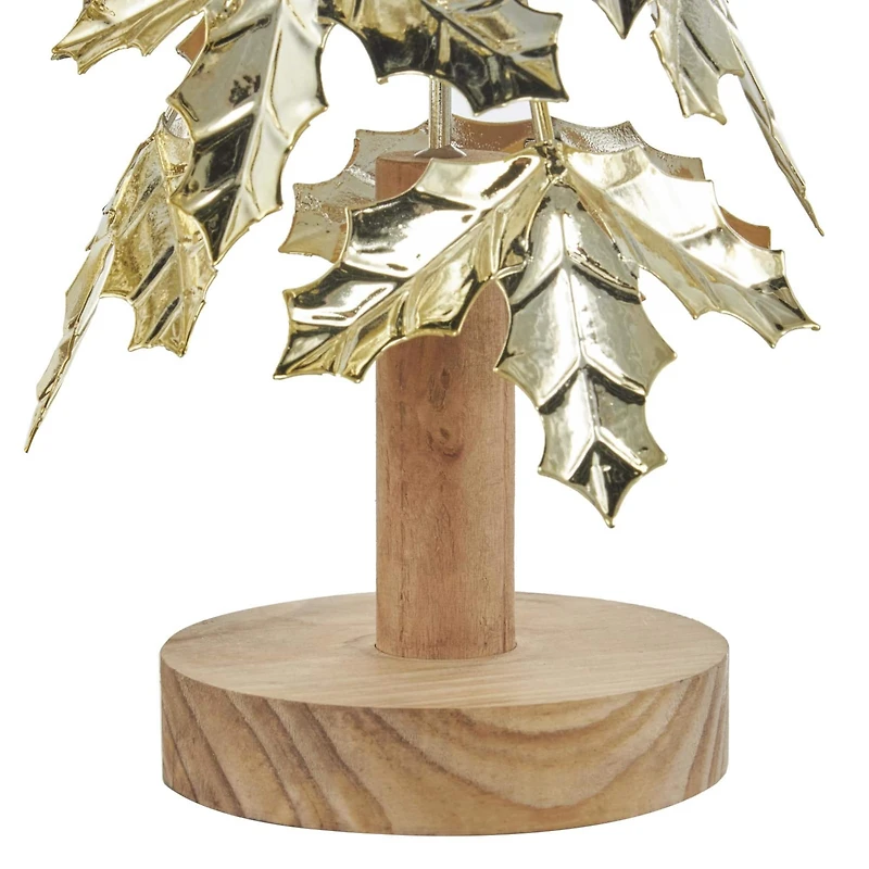 Gold Metal Layered Holly Leaf Christmas Tree Sculpture Set