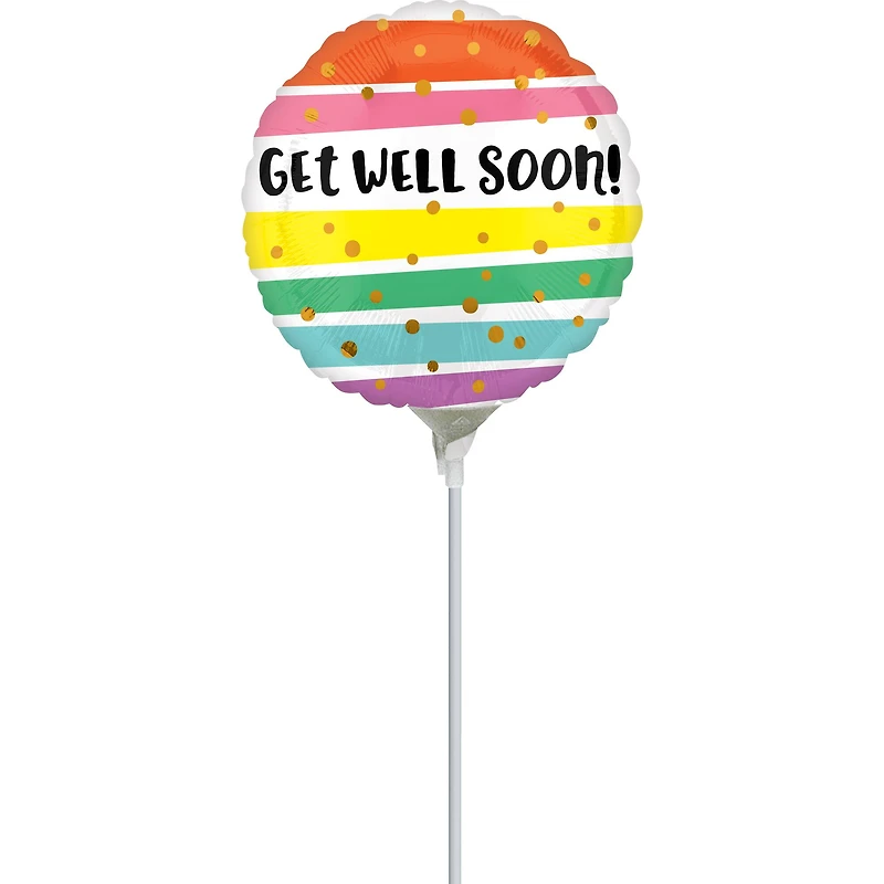 9" Get Well Bold Stripes Foil Stick Balloon