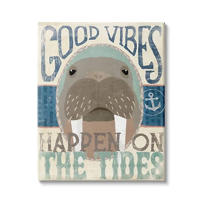 Stupell Industries Good Vibes Happen On Tides Nautical Phrase Walrus Canvas Wall Art