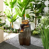 Glitzhome® 26.75" 3-Tier LED Fluted Textured Ceramic Outdoor Floor Fountain