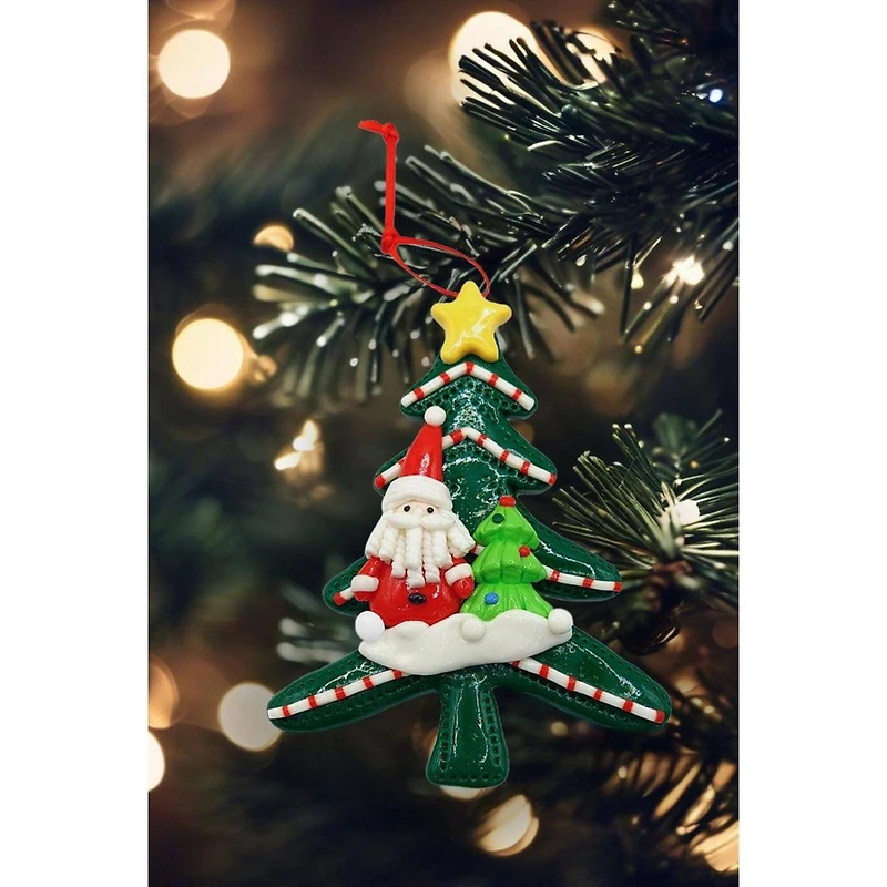 Wizardi 4" Glossy Gingerbread Tree with Santa Christmas Ornament