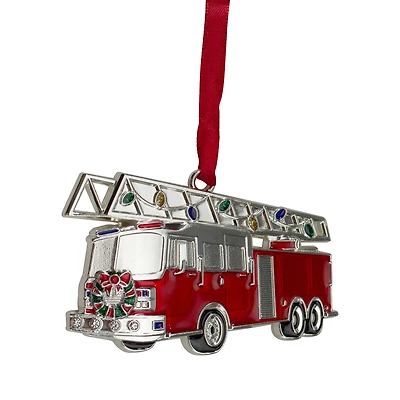 Silver Plated Fire Truck Crystal Embellished Ornament