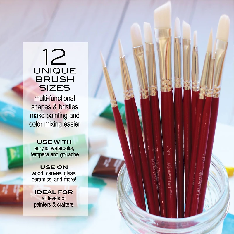 Hello, Artist! Short Handle White Taklon 12 Piece Brush Set