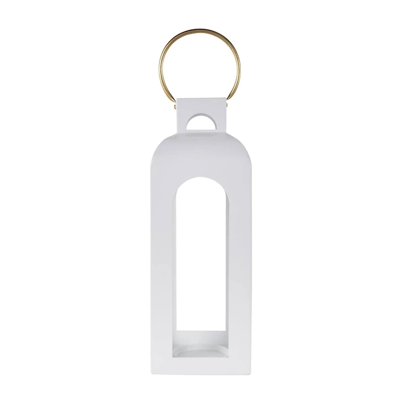 22.5" White Metal Tall Arched Cutout Candle Lantern with Gold Handle