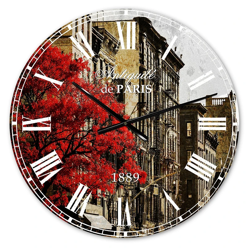 Designart 'Red Tree On Black And White New York City Street Industrial Wall Clock