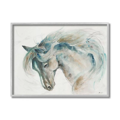 Stupell Industries Minimalist Watercolor Horse Portrait Blue Beige in Gray Frame Wall Art