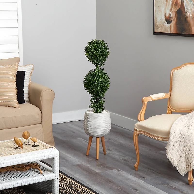 4ft. Boxwood Double Ball Topiary Artificial Tree in White Planter with Stand (Indoor/Outdoor)