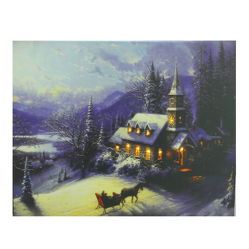 LED Lighted Church in Wintry Woods Canvas Wall Art