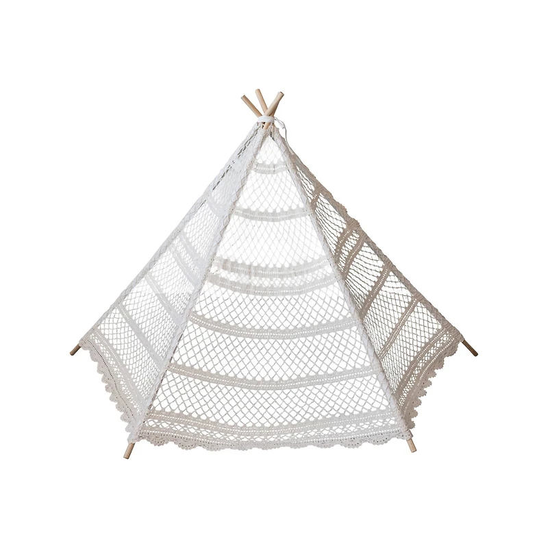 Hello Honey® 43.5" Natural Reclaimed Cotton Crocheted & Teakwood Teepee with Mat
