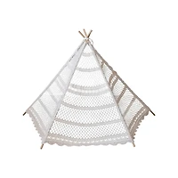 Hello Honey® 43.5" Natural Reclaimed Cotton Crocheted & Teakwood Teepee with Mat