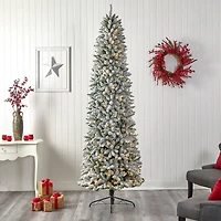 9ft. Pre-Lit Slim Flocked Montreal Fir Artificial Christmas Tree, White LED Lights