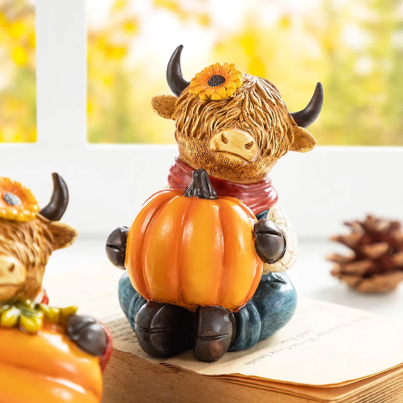 Glitzhome® 4.25" Fall Resin Highland Cow Table Decor Set