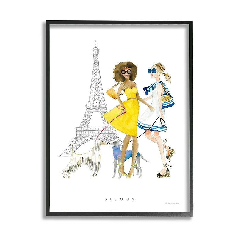 Stupell Industries Bisous Kisses Phrase Parisian Fashion Females and Dogs Framed Wall Art