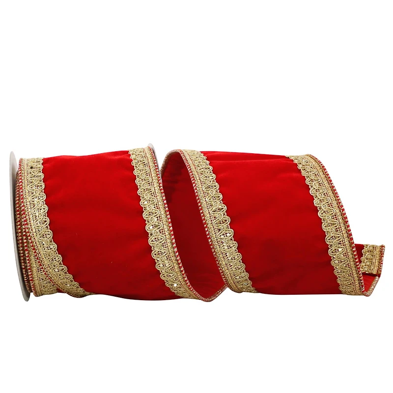 JAM Paper 4" x 5yd. Red & Gold Royalty Trim Wired Velvet Ribbon