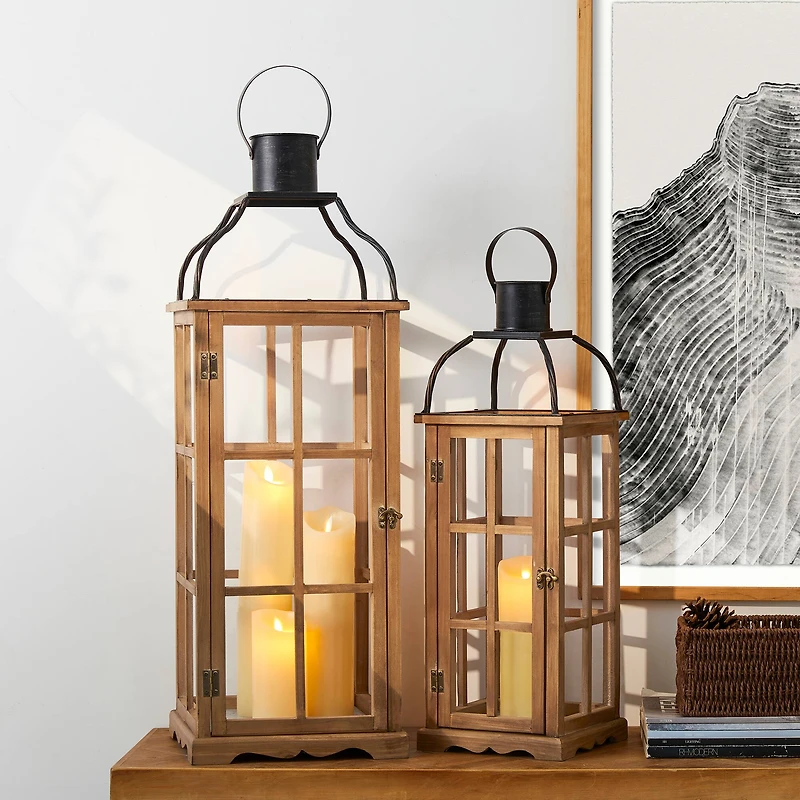 Glitzhome® Oversized Natural Farmhouse Wood & Metal Lanterns Set