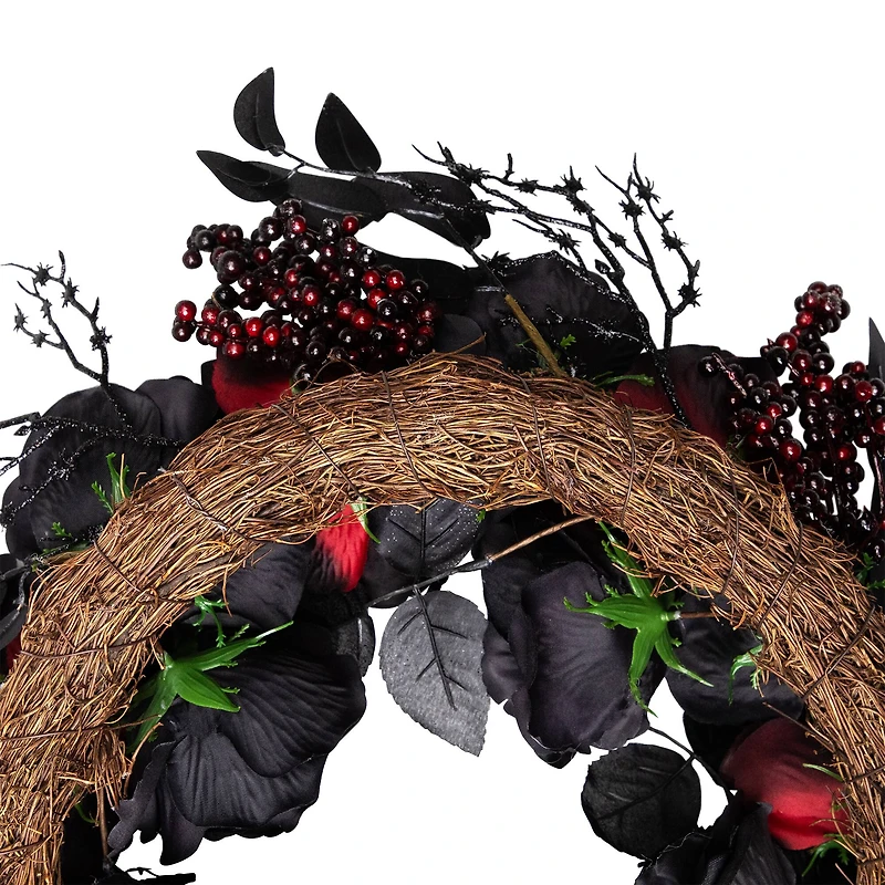 24" Burgundy & Black Roses with Spiders Halloween Wreath
