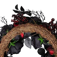 24" Burgundy & Black Roses with Spiders Halloween Wreath
