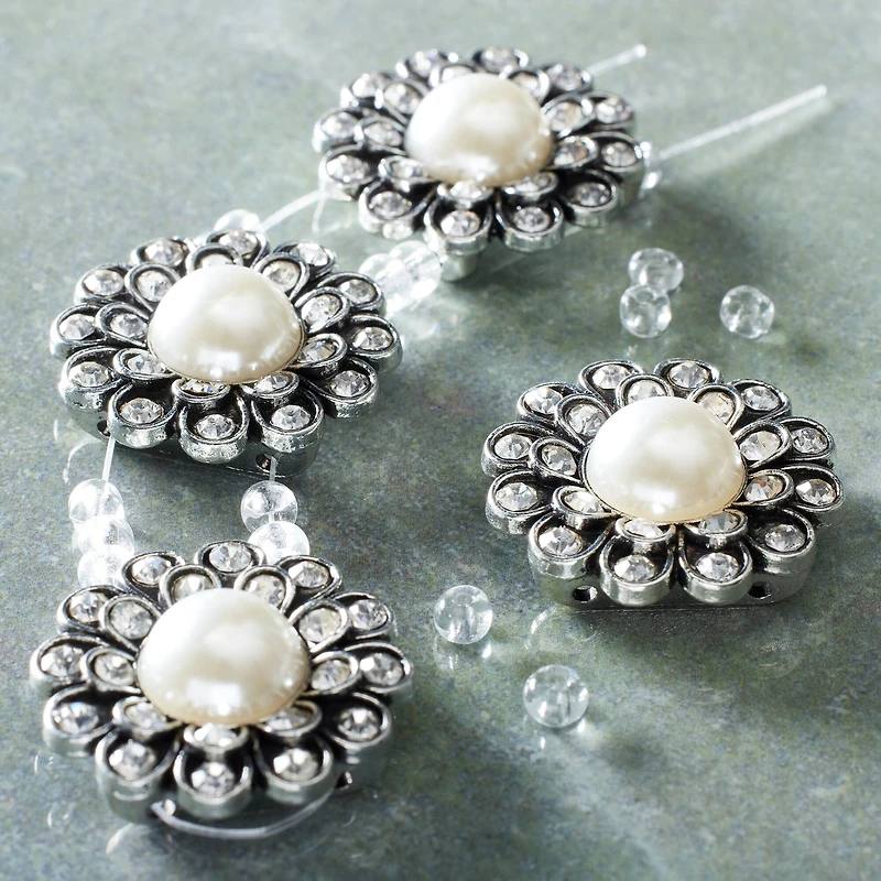 Silver Faux Pearl Flower Sliders, 25mm by Bead Landing™