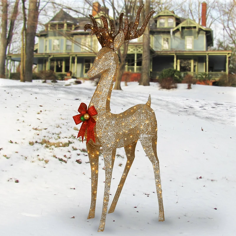 74" Champagne Standing Buck, White Twinkling LED Lights