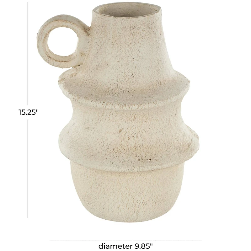15.25" Cream Textured Paper Mache Fluted Vase with Ring Handle