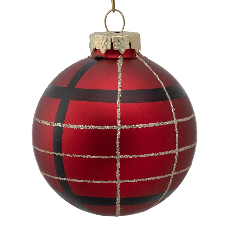 4ct. 3" Red, Black & Gold Plaid Glass Ball Ornaments