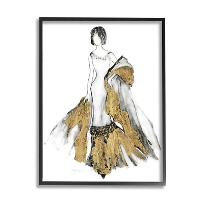 Stupell Industries Fashion Figure Drawing Female Glam Evening Gown Gold Framed Wall Art