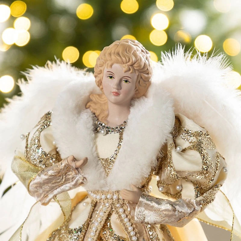 Glitzhome® 18.5"H Faux Fur & PVC Christmas Elegant Angel Tree Topper with Porcelain Face
