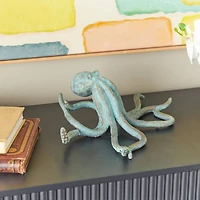 12" Blue Polystone Octopus Distressed Patina Sculpture with Gold Foil Accents