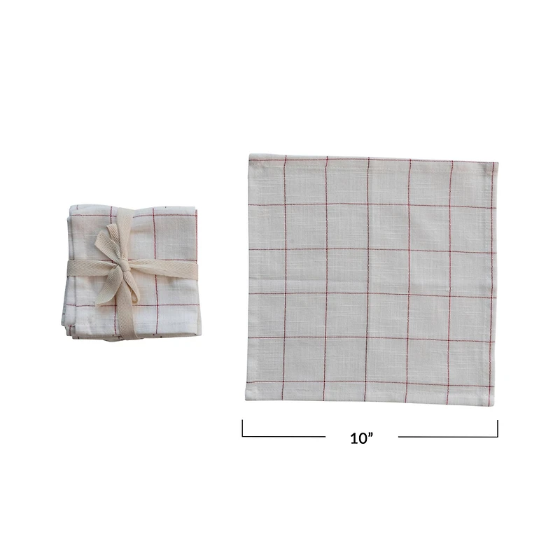 Hello Honey® 10" Cream & Red Cotton Cocktail Napkins with Metallic Grid, 4ct.